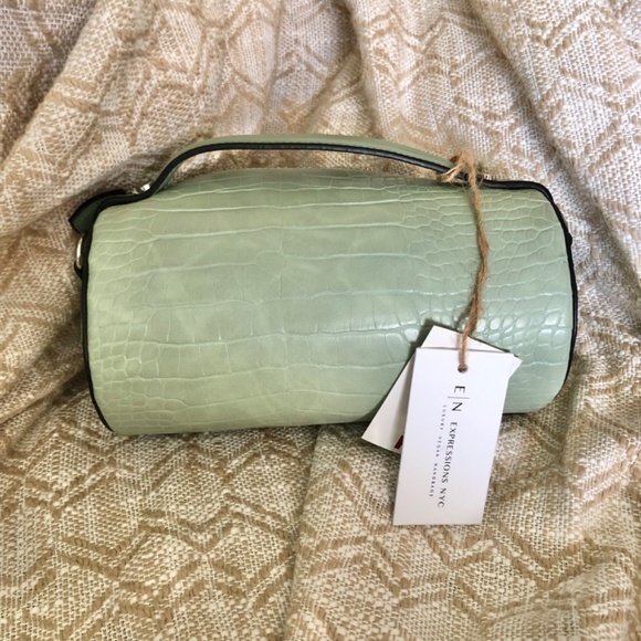 Vegan Faux Snakeskin Cylinder Barrel Bag - Light Sage/Mint (Expressions NYC) - Picture 6 of 7